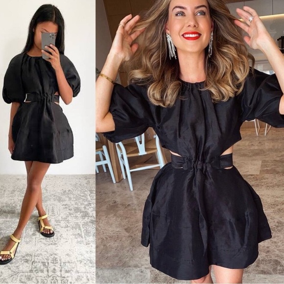 Aje Psychedelia Puff Sleeve Cut Out Mini Dress Tie Back Black Size Medium/8 - Picture 3 of 16